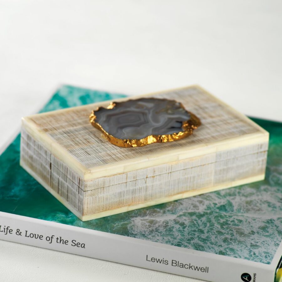 Chiseled Mangowood & Bone Storage Box with Agate Stone