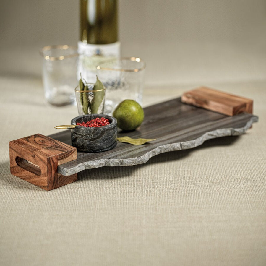 Gray Marble Tray with Acacia Handles