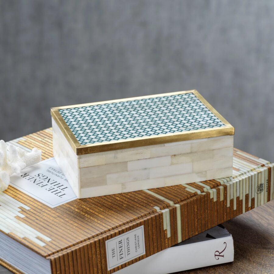 White Bone & Brass Storage Box with Printed Pattern