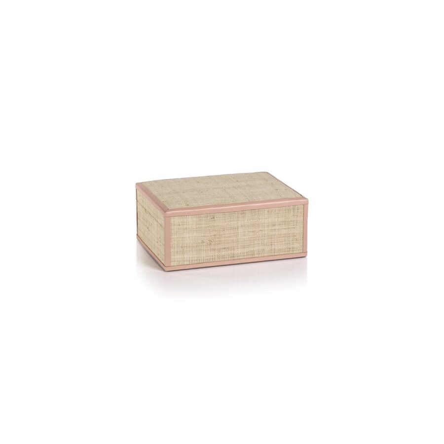 Pink Natural Fiber Raffia Storage Box with Leather Trim