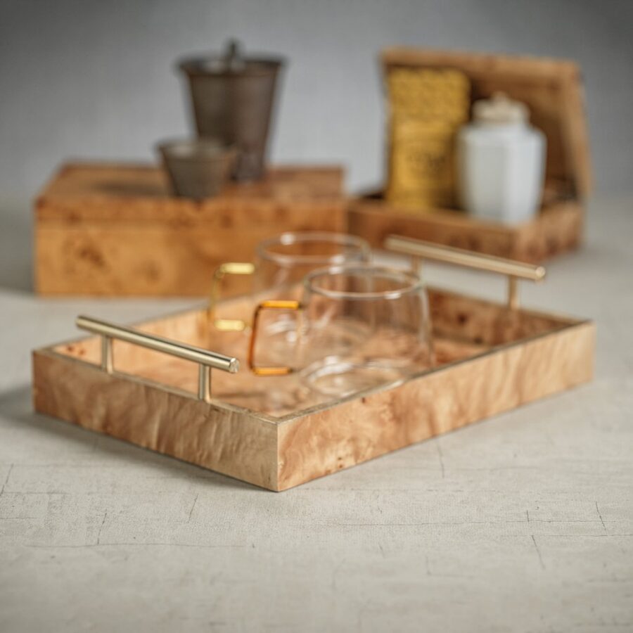 Medium Burlwood Rectangular Tray with Gold Handles
